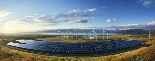 écologiquement installation de photovoltaïque Puissance plante et vent turbine ferme situé par décharge.solaire panneaux ferme construit sur une déchets déverser et vent turbine cultiver. renouvelable énergie la source photo