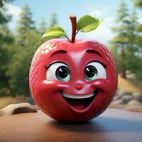 ai généré 3d dessin animé réaliste mignonne Pomme fruit photo