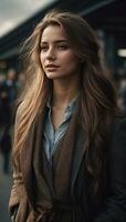 ai généré portrait de une magnifique fille avec longue cheveux dans une manteau photo