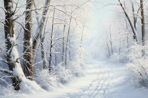 hiver chemin. neigeux route dans le forêt. génératif ai photo