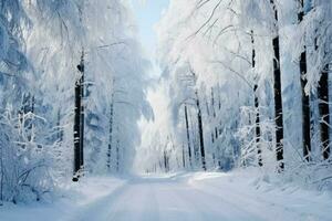 hiver chemin. neigeux route dans le forêt. génératif ai photo