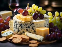 assorti exotique les fromages avec d'or craquelins et les raisins. génératif ai photo