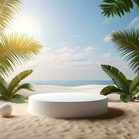 3d blanc cylindre podium supporter sur le sable plage Contexte avec tropical feuilles toile de fond. génératif ai. ai génératif photo