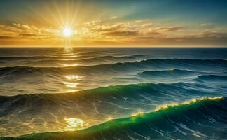 majestueux, tranquille paysage marin, vagues pétillant en dessous de le Soleil. photo