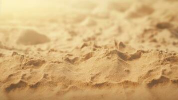 Haut vue de sablonneux plage. Contexte avec copie espace et visible le sable texture génératif ai photo
