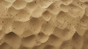 Haut vue de sablonneux plage. Contexte avec copie espace et visible le sable texture génératif ai photo
