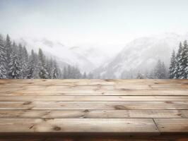 ai généré vide en bois table contre une neigeux paysage photo