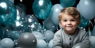 bannière content bambin souriant joyeusement à le sien anniversaire faire la fête, entouré par bleu des ballons et de fête décorations. parfait pour de fête, anniversaire, ou joyeux enfance notions.. ai génératif photo