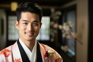 Japonais homme portant une hakama et souriant bokeh style Contexte photo