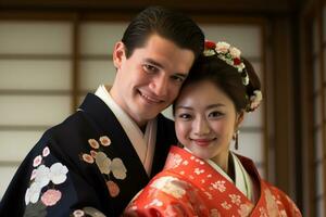 marié Japonais couple souriant posant ensemble dans traditionnel Vêtements kimono et hakama bokeh style Contexte photo