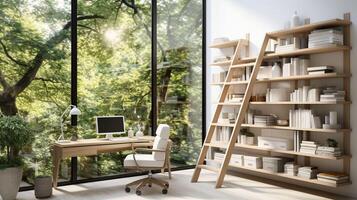 ai généré une minimal Accueil Bureau avec vue de fenêtre, mural bureau, moderne chaise et une bibliothèque photo