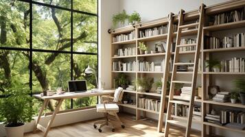 ai généré une minimal Accueil Bureau avec vue de fenêtre, mural bureau, moderne chaise et une bibliothèque photo