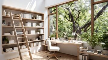 ai généré une minimal Accueil Bureau avec vue de fenêtre, mural bureau, moderne chaise et une bibliothèque photo