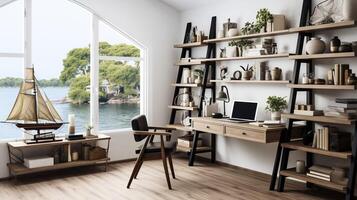 ai généré une minimal Accueil Bureau avec vue de fenêtre, mural bureau, moderne chaise et une bibliothèque photo