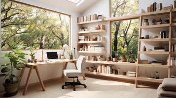 ai généré une minimal Accueil Bureau avec vue de fenêtre, mural bureau, moderne chaise et une bibliothèque photo