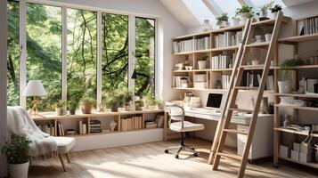 ai généré une minimal Accueil Bureau avec vue de fenêtre, mural bureau, moderne chaise et une bibliothèque photo