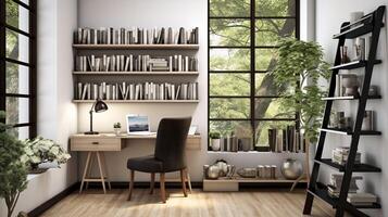 ai généré une minimal Accueil Bureau avec vue de fenêtre, mural bureau, moderne chaise et une bibliothèque photo