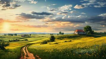 magnifique rural paysage. rural route dans le champ à le coucher du soleil. photo