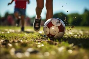 enfant en jouant Football sur le champ. peu garçon coups de pied une football balle. photo