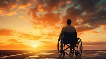 silhouette de désactivée homme sur fauteuil roulant avec le coucher du soleil ciel Contexte. photo