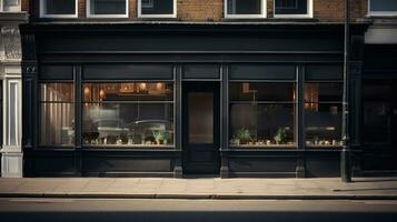 ai généré génératif ai, noir extérieur café, restaurant ou magasin. Urbain bâtiment, rue façade photo