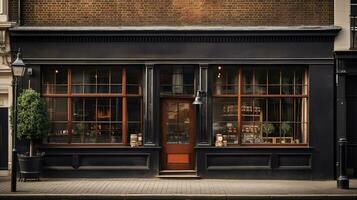 ai généré génératif ai, noir extérieur café, restaurant ou magasin. Urbain bâtiment, rue façade photo