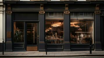 ai généré génératif ai, noir extérieur café, restaurant ou magasin. Urbain bâtiment, rue façade photo