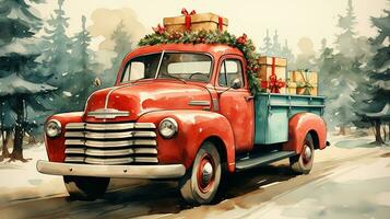 ai généré génératif ai, ancien Noël voiture avec beaucoup cadeaux, bleu et rouge couleurs. salutation Noël carte, hiver vacances photo