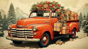 ai généré génératif ai, ancien Noël voiture avec beaucoup cadeaux, bleu et rouge couleurs. salutation Noël carte, hiver vacances photo