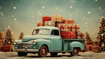 ai généré génératif ai, ancien Noël voiture avec beaucoup cadeaux, bleu et rouge couleurs. salutation Noël carte, hiver vacances photo