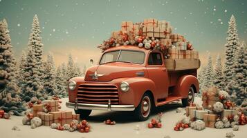 ai généré génératif ai, ancien Noël voiture avec beaucoup cadeaux, bleu et rouge couleurs. salutation Noël carte, hiver vacances photo