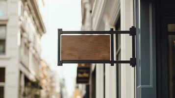 ai généré génératif ai, café magasin rue enseigne moquer en haut pour logo conception, marque présentation, esthétique en sourdine neutre couleurs, sur le mur Extérieur photo