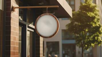 ai généré génératif ai, café magasin rue enseigne moquer en haut pour logo conception, marque présentation, esthétique en sourdine neutre couleurs, sur le mur Extérieur photo