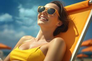 femelle touristique bain de soleil sur transat à mer pendant jour avec génératif ai photo