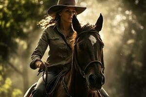 une femelle agriculteur est équitation une cheval dans le forêt dans le jour avec génératif ai photo