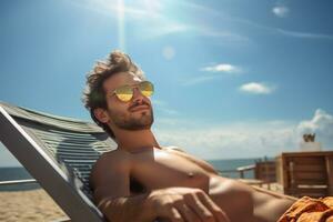 Masculin touristique bain de soleil sur transat à mer pendant jour avec génératif ai photo