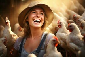 femelle agriculteur sur poulet ferme dans le jour avec génératif ai photo