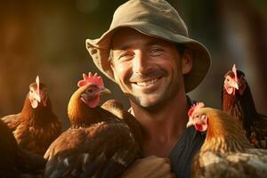 Masculin agriculteur sur poulet ferme dans le jour avec génératif ai photo