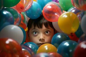 portrait de une Jeune garçon parmi coloré ballon, ai génératif photo