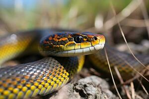 une proche en haut photo de une plaines jarretière serpent. ai génératif