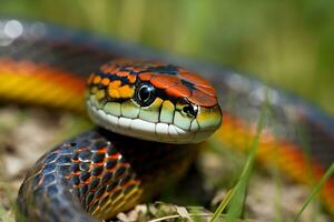 une proche en haut photo de une plaines jarretière serpent. ai génératif