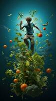 ai généré Jeune homme sauter avec des légumes en volant autour lui sur une bleu verticale Contexte. photo