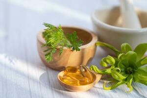 capsule biologique à base de plantes de médecine alternative avec vitamine e oméga 3 huile de poisson, minéral, médicament avec feuilles d'herbes suppléments naturels pour une bonne vie saine. photo