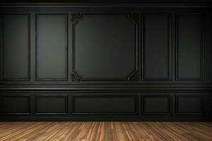 moderne classique noir vide intérieur avec mur panneaux et en bois sol. 3d rendre illustration moquer en haut. génératif ai. photo