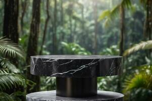 ai généré vide noir marbre minimaliste moderne arrondi podium avec flou forêt tropicale jungle Contexte ai généré photo