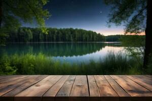 ai généré vide en bois table avec Lac et forêt Contexte à Aube ou crépuscule ai généré photo