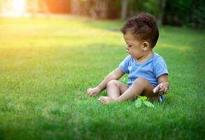 asiatique bébé garçon séance dans vert la nature photo