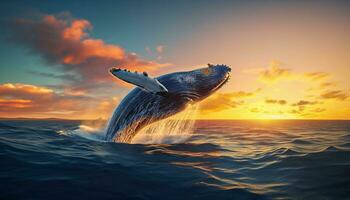 à bosse baleine sauter en dehors de le l'eau à coucher de soleil, le baleine est pulvérisation l'eau et prêt à tomber sur ses retour photo