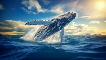 à bosse baleine sauter en dehors de le l'eau à coucher de soleil, le baleine est pulvérisation l'eau et prêt à tomber sur ses retour photo