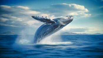 à bosse baleine sauter en dehors de le l'eau à coucher de soleil, le baleine est pulvérisation l'eau et prêt à tomber sur ses retour photo